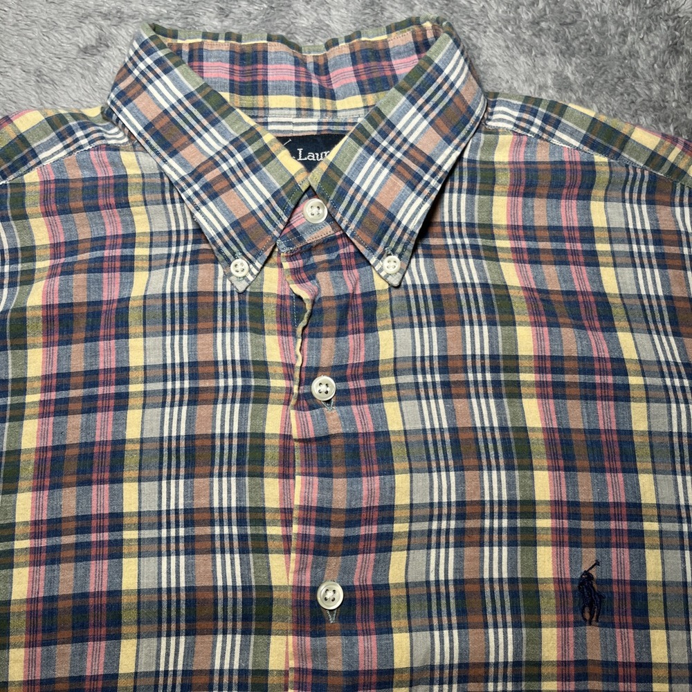 VTG Ralph Lauren Mcmeel Short Sleeve Plaid Polo Button Down Shirt Navy Pony SZ L